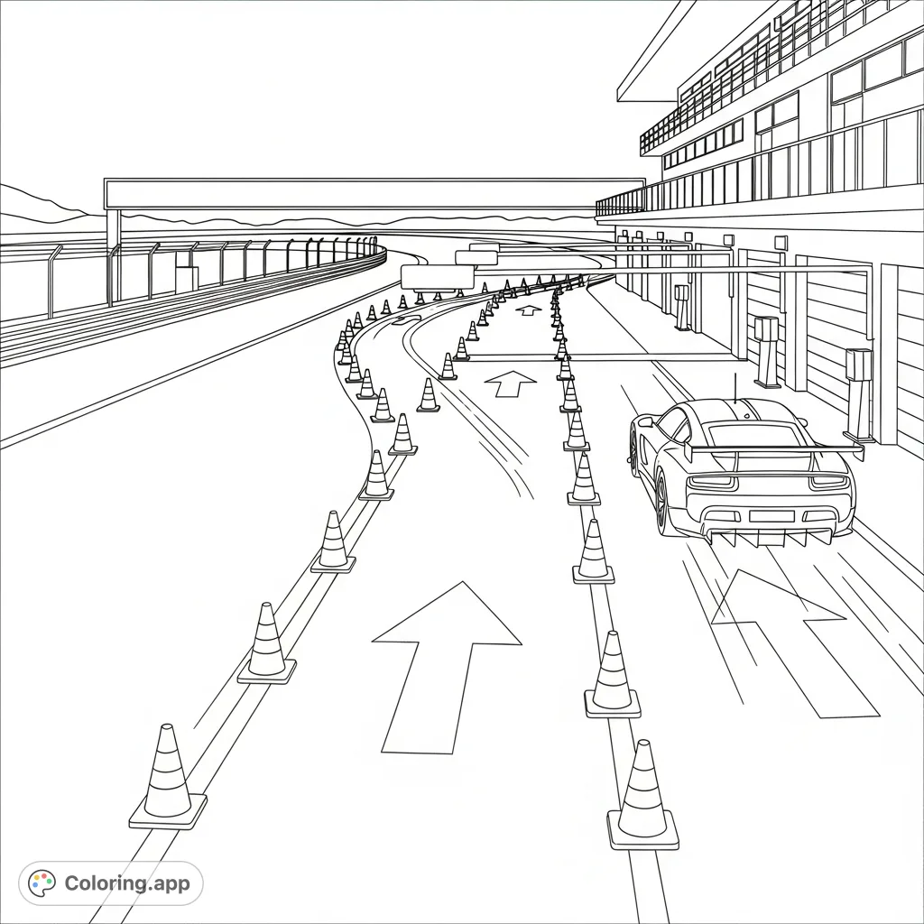 Navigate the bustling race pit entry lane with cones, directional arrows, and a sleek car. Perfect for racing enthusiasts!