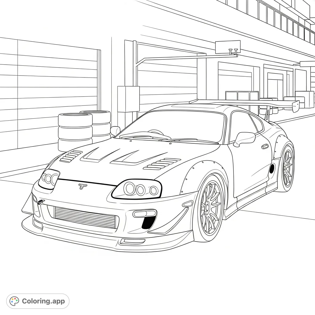 Experience the thrill of the track with this detailed coloring page featuring a race-prepped MK4-style Supra in a pit lane, complete with a large rear wing.