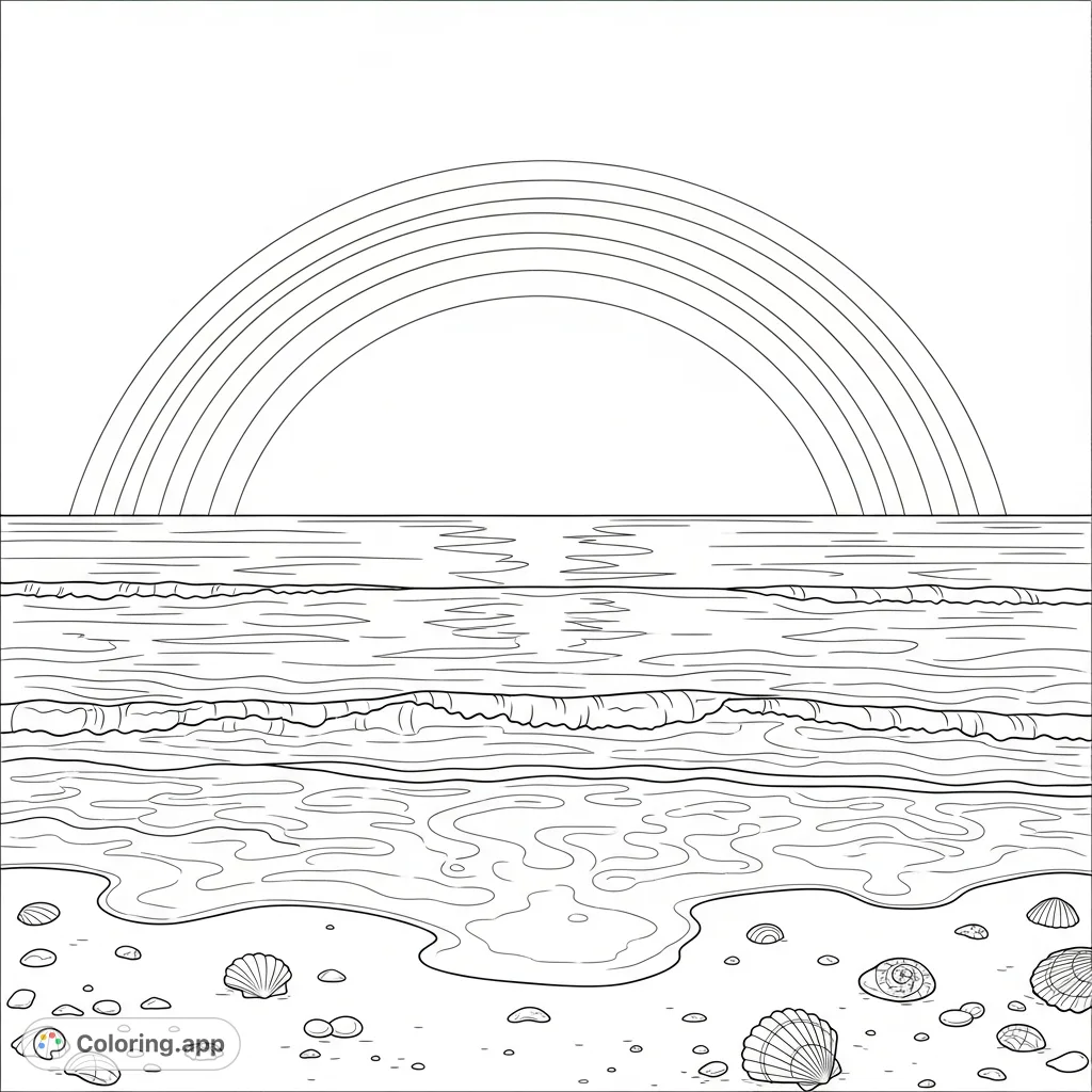 Discover a magnificent rainbow arching over a serene ocean, meeting gentle waves and a pristine sandy beach adorned with delicate seashells, perfect for coloring.