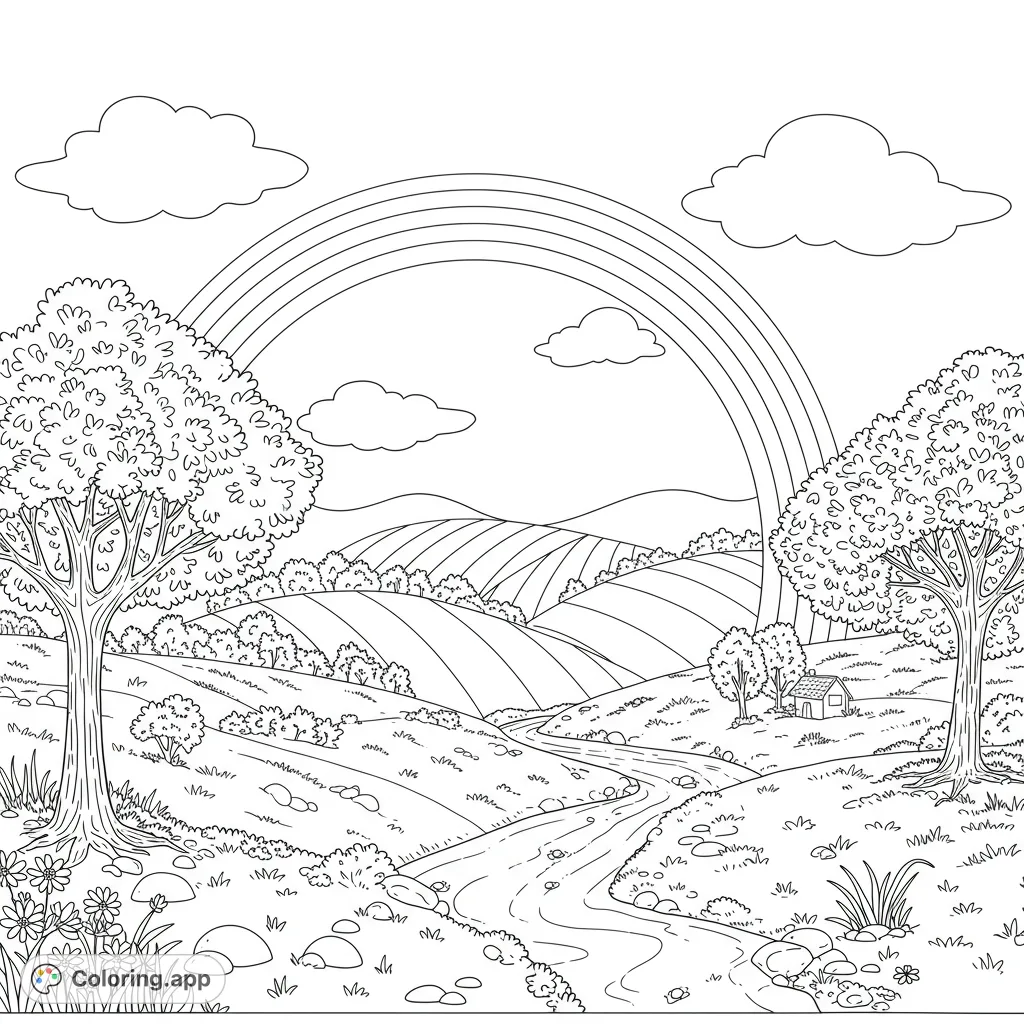 Explore a serene landscape coloring page featuring a vibrant rainbow, winding river, rolling hills, and lush trees. Perfect for nature lovers!