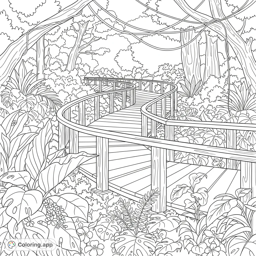 Explore a tranquil rainforest boardwalk winding through dense foliage. This detailed scene offers a meditative escape into nature's vibrant embrace.