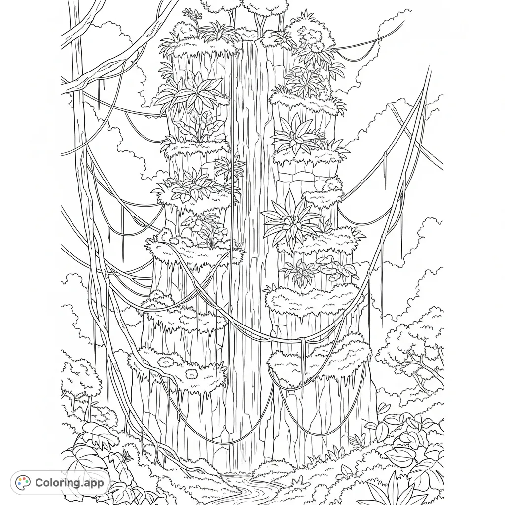 Explore a majestic rainforest cliffside adorned with intricate vines and lush tiered vegetation. A detailed scene inviting you to bring its vibrant ecosystem to life.