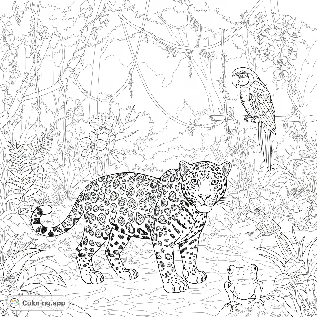 A detailed rainforest scene featuring a majestic jaguar, a vibrant macaw, and curious frogs amidst lush tropical foliage, perfect for nature lovers.