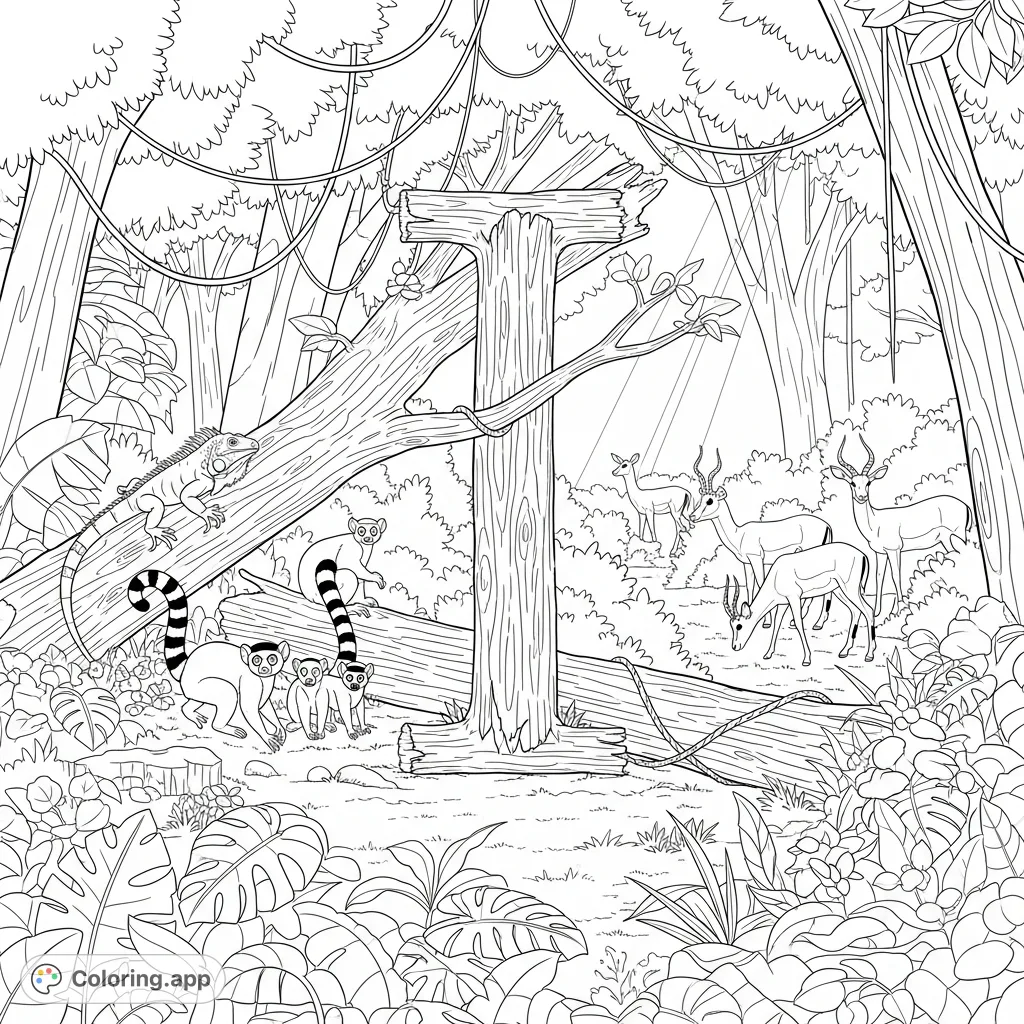 Discover a vibrant rainforest scene where a hidden 'I' is formed by nature, surrounded by indris, an iguana, and grazing impalas.