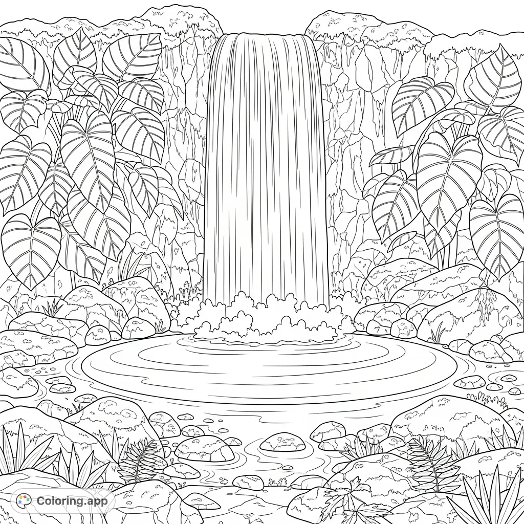 Dive into a lush tropical rainforest scene featuring a powerful waterfall, a serene round pool, and vibrant broad-leaf plants.