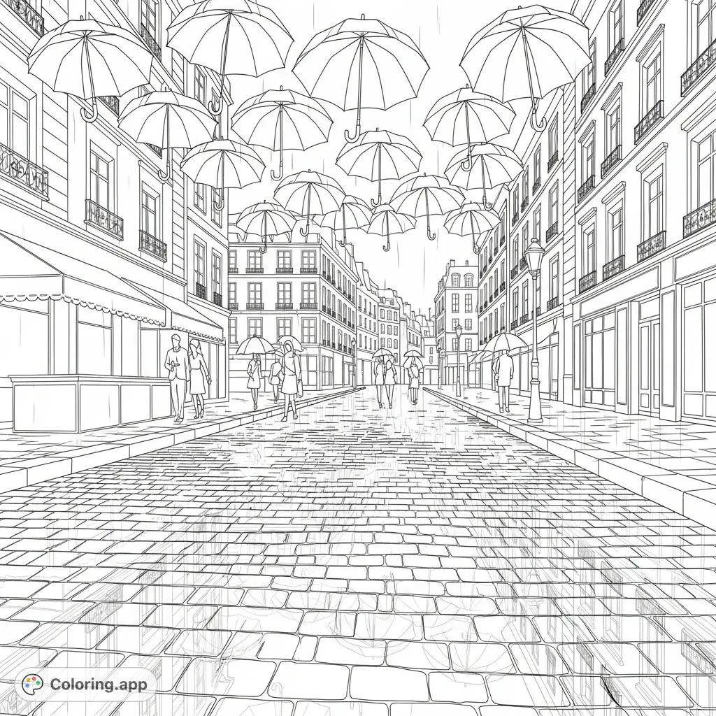 Explore a charming, rain-kissed Paris street featuring elegant simplified umbrellas and shimmering cobblestone reflections. A delightful urban escape.