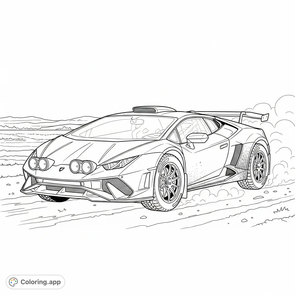 A dynamic rally-modified supercar, inspired by Lamborghini, featuring aggressive dirt tires, fender flares, and auxiliary lights, kicking up minimal dust on a track.