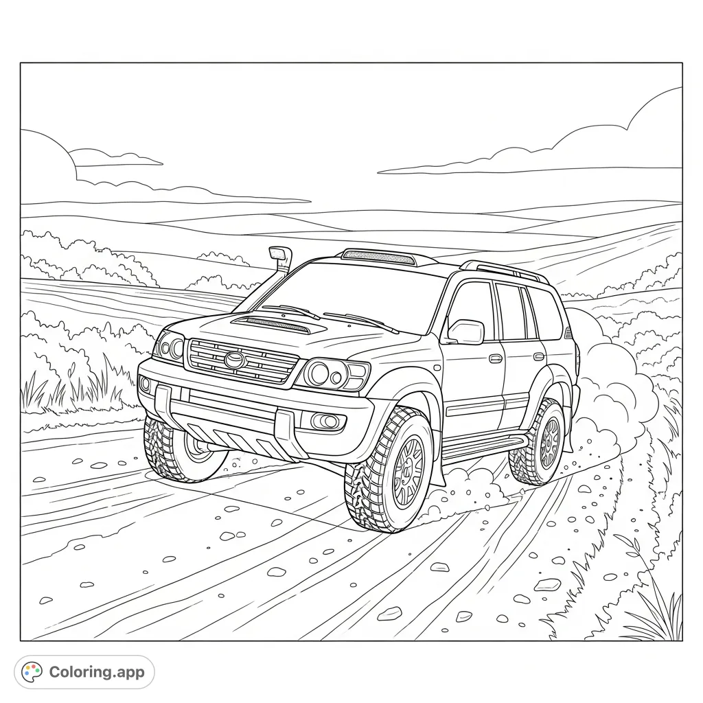A dynamic rally SUV is captured mid-drift on a gravel road, showcasing its powerful form. Minimal dust ensures clear areas for coloring.
