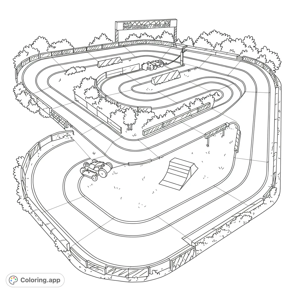 Dynamic RC race track with winding paths, two cars, a jump ramp, and barriers, offering an exciting and detailed coloring experience for all ages.