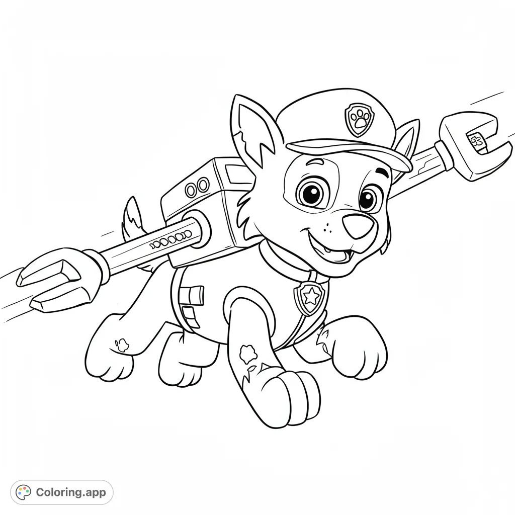 Dynamic line art of a cheerful cartoon dog wearing a cap and vest, equipped with a backpack featuring a grabber and wrench, ready for adventure.