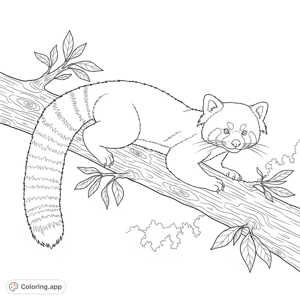 A charming red panda, with a long bushy tail, carefully navigates a sturdy tree branch amidst lush foliage, offering a delightful nature scene to color.