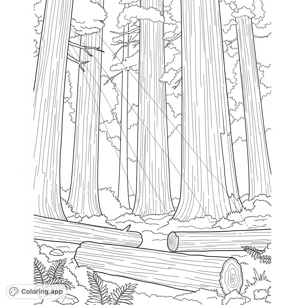 Color a serene redwood forest with sunbeams piercing through towering trees. Simplified ferns and logs create a calming, natural scene.