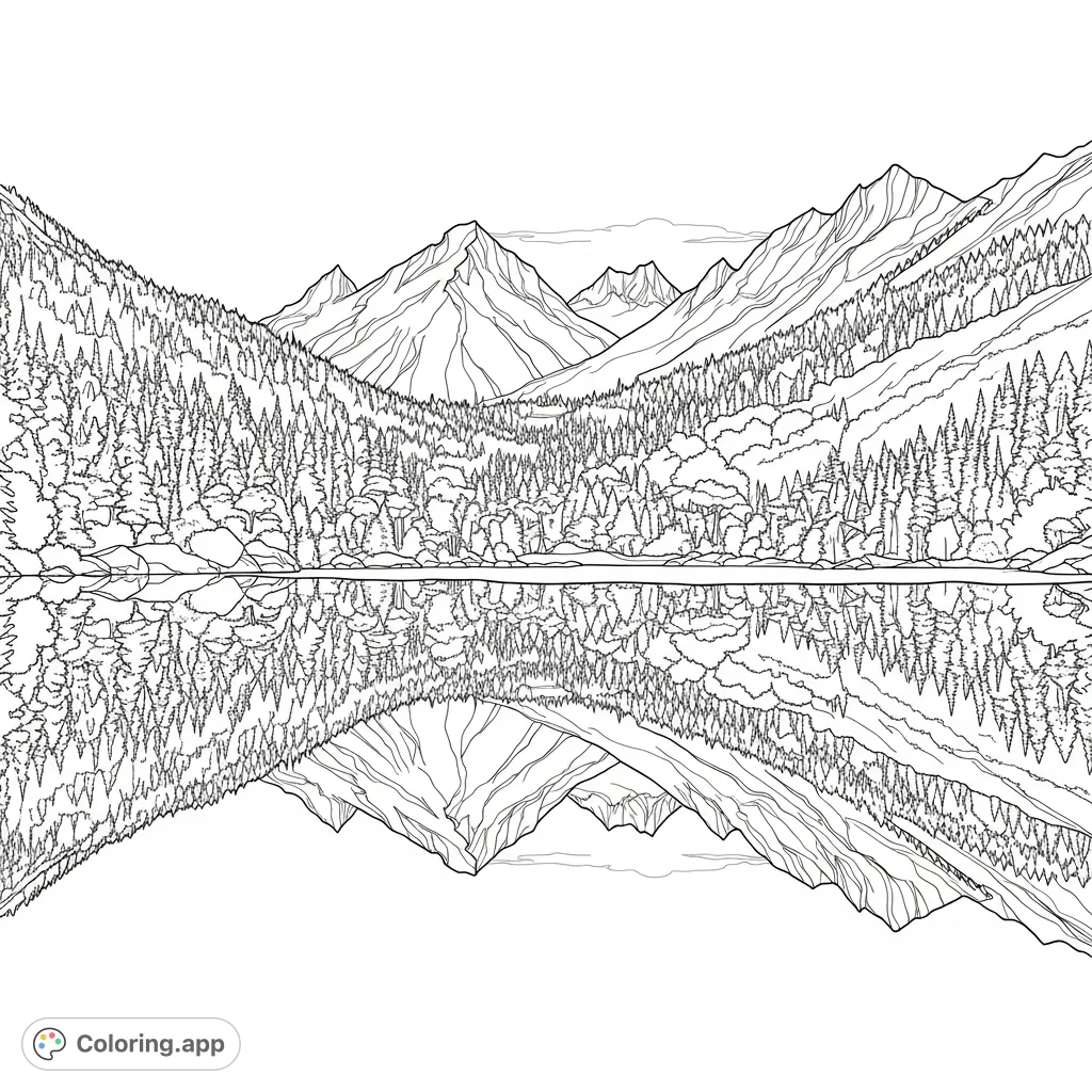 Color a peaceful mountain lake reflecting majestic peaks and a dense forest. Intricate foliage and calm water invite detailed artistic expression.
