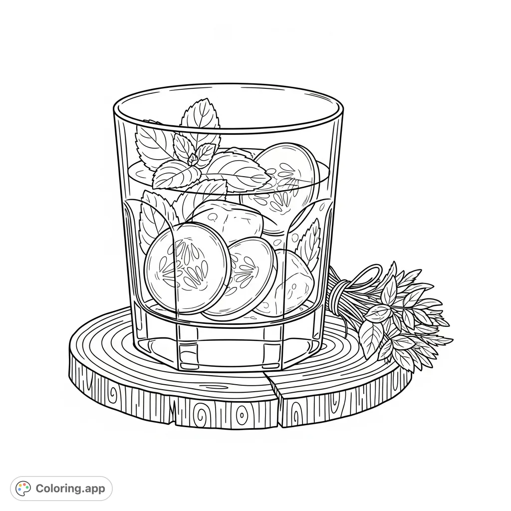 A detailed coloring page featuring a sturdy tumbler glass with muddled mint and cucumber, resting on a rustic wooden coaster, with a bundle of herbs nearby.