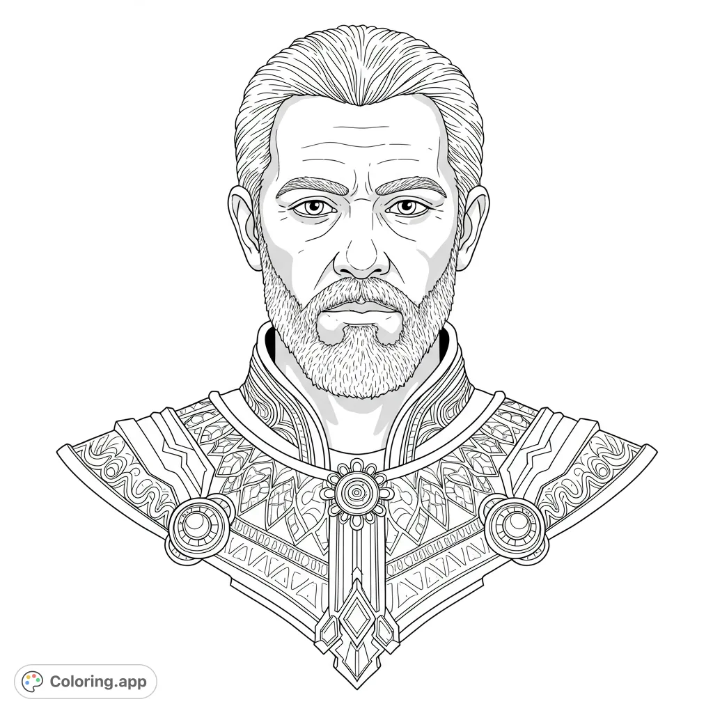 A detailed fantasy warrior bust with a majestic beard and intricate, ornate armor, perfect for a challenging coloring experience.