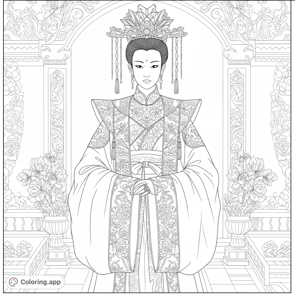 An exquisite imperial empress in ornate traditional attire, adorned with a grand headdress, standing amidst a richly decorated palace setting. Perfect for detailed coloring.