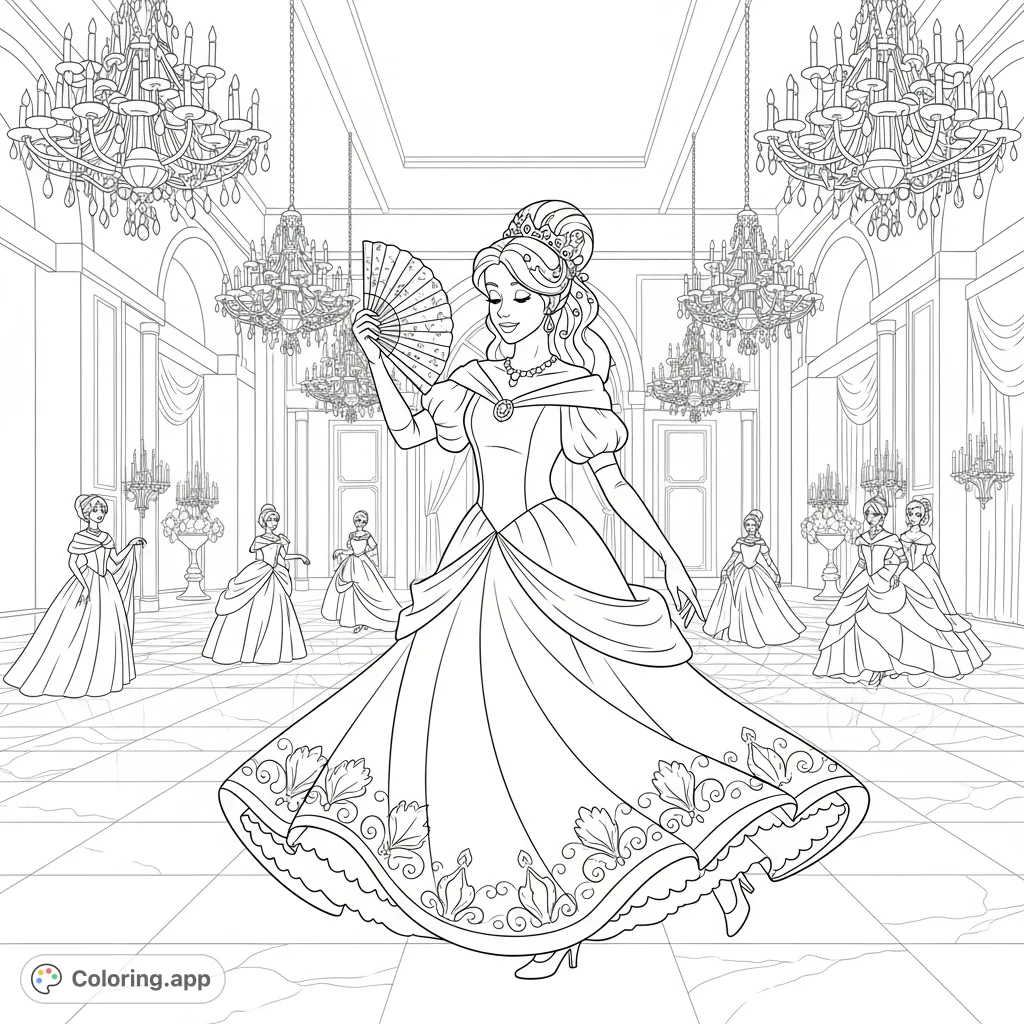 A regal princess gracefully waltzes in a grand ballroom, her elaborate gown swirling. Ornate chandeliers illuminate other dancing figures on the polished floor.