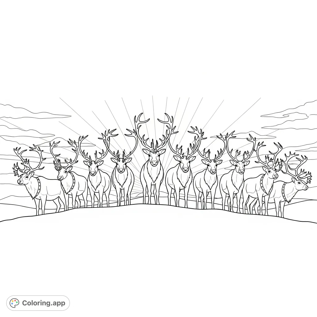 A majestic scene of Santa's nine reindeer, silhouetted on a snowy ridge against a transitioning dawn sky. Intricate antlers create a stunning panorama, perfect for festive coloring.