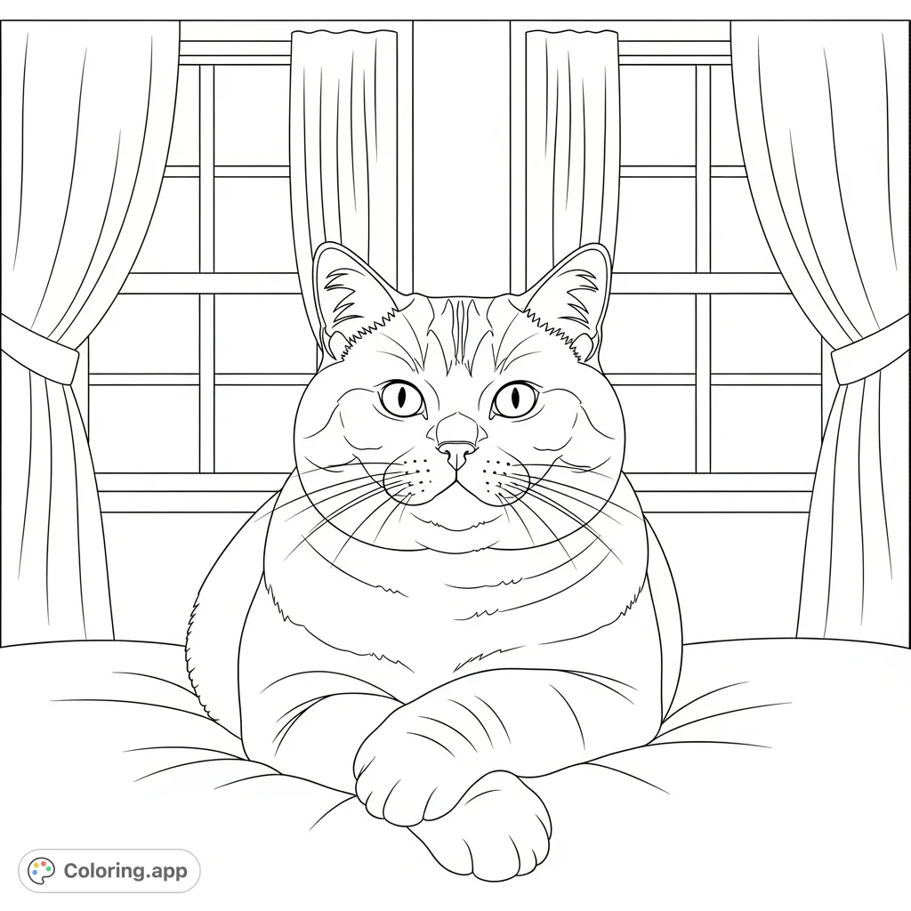 A charming British Shorthair cat lies with crossed paws, set against a simplified window background. Perfect for animal lovers and mindful coloring.