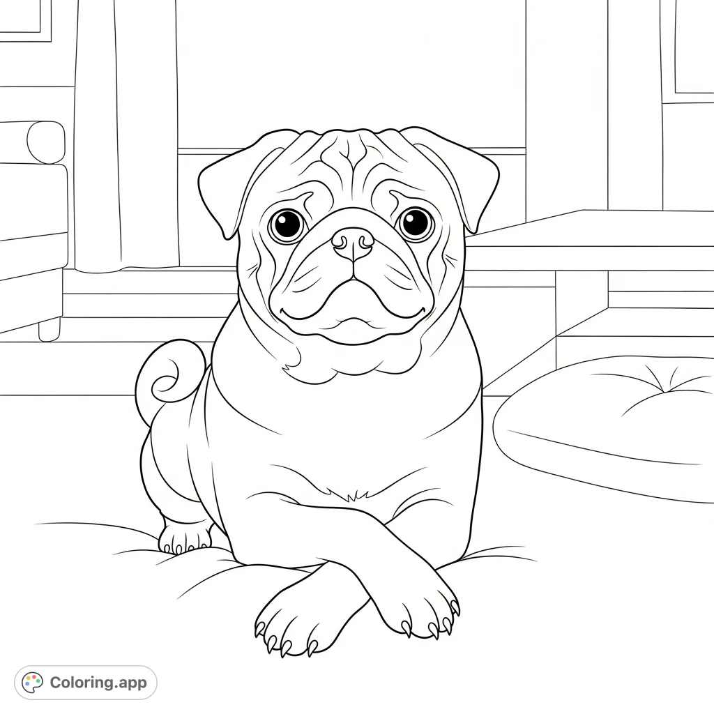 Color this adorable pug resting peacefully with crossed paws in a simplified, cozy indoor setting. Perfect for a calming and delightful coloring experience.