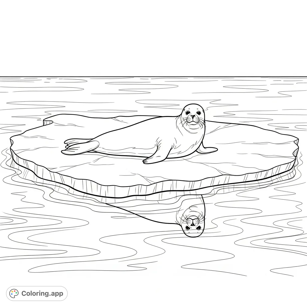 A peaceful seal rests on an icy platform, surrounded by gently rippling water. A serene arctic scene perfect for mindful coloring and relaxation.