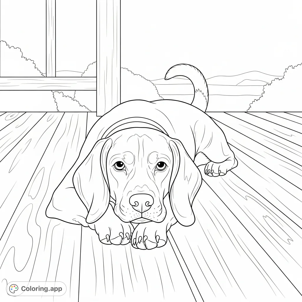 A peaceful beagle rests on a wooden porch, front paws stretched out. Enjoy coloring its floppy ears, relaxed pose, and the rustic porch planks.