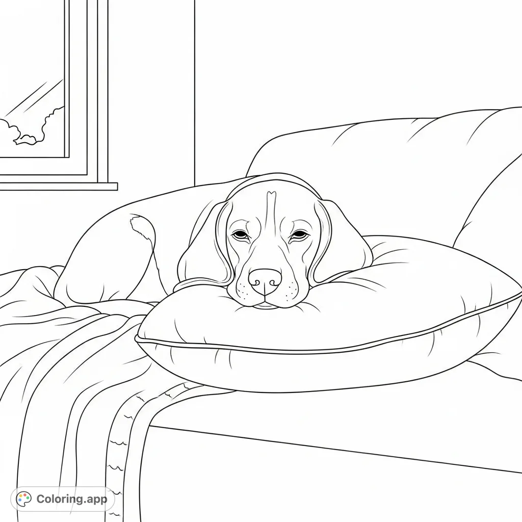 A charming coloring page featuring a contented beagle resting peacefully on a plush pillow in a cozy, simplified indoor setting. Perfect for relaxation.