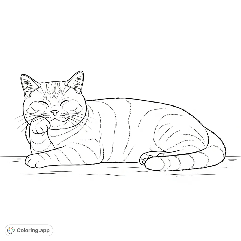 A fluffy British Shorthair cat sprawls contentedly on its side, showcasing plush fur and a relaxed pose. Minimal floor lines provide a gentle setting.