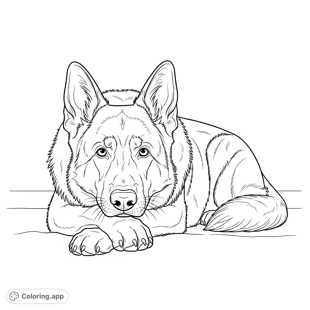 A German Shepherd lies calmly with its head on its paws, showcasing a peaceful expression and simplified fur lines, perfect for detailed coloring.