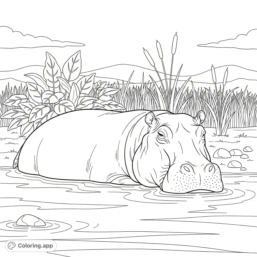 Discover a peaceful hippopotamus relaxing on a sun-drenched riverbank, partially submerged in tranquil water. A serene nature scene for calm coloring.
