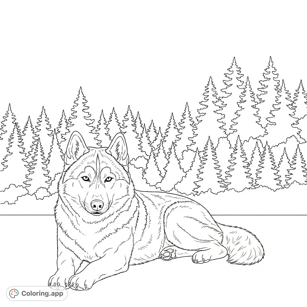A serene husky rests with extended paws amidst a dense backdrop of evergreen trees, perfect for a peaceful coloring experience in nature.
