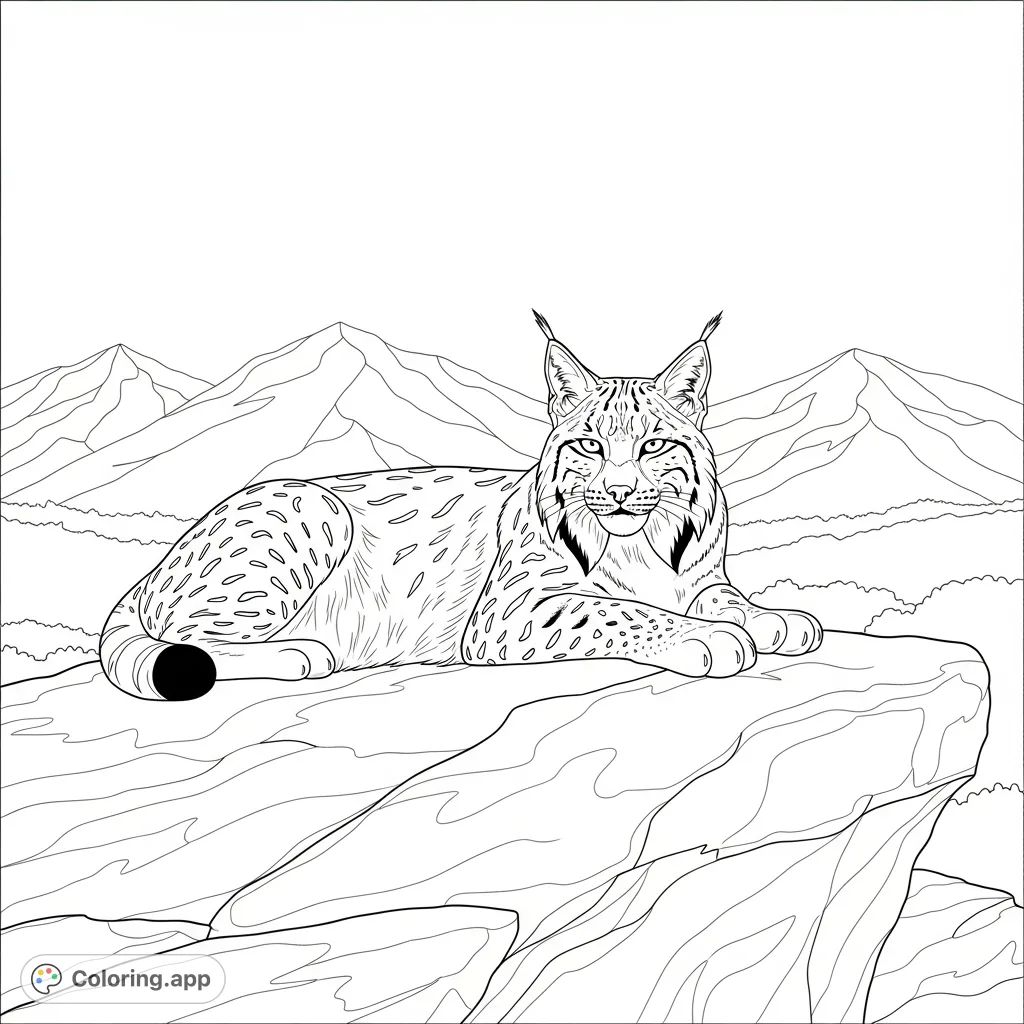 A majestic lynx rests peacefully on a sunlit rock, showcasing its distinctive features. Distant mountains frame a serene wilderness scene, perfect for nature lovers.