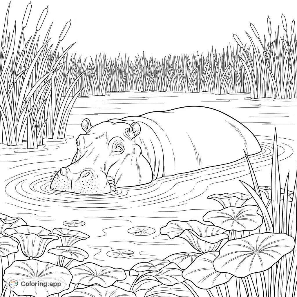 A serene coloring page featuring a large hippopotamus relaxing partially submerged in calm water, surrounded by lush aquatic plants.
