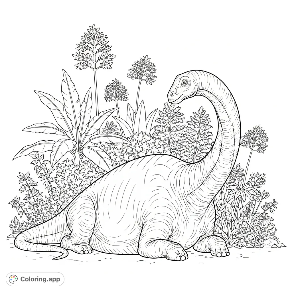 A gentle apatosaurus rests peacefully with its neck curled amidst dense prehistoric foliage, inviting a journey back to the age of dinosaurs. Perfect for all ages.
