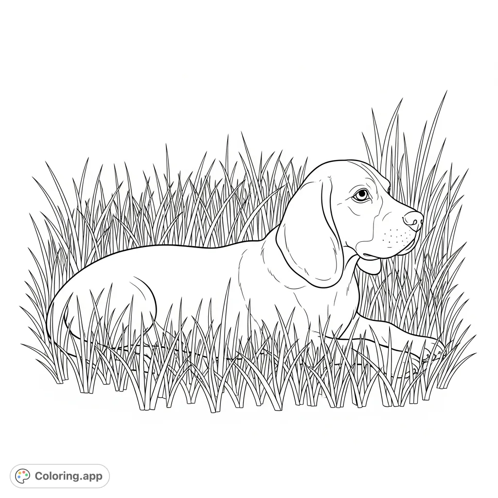 A calm beagle relaxes in a field of tall grass, its gentle face and back peeking out. A serene scene for pet lovers to color and enjoy.
