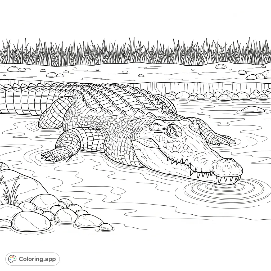 A detailed coloring page featuring a large crocodile resting calmly, partially submerged in muddy river water, surrounded by sparse riverbank vegetation.