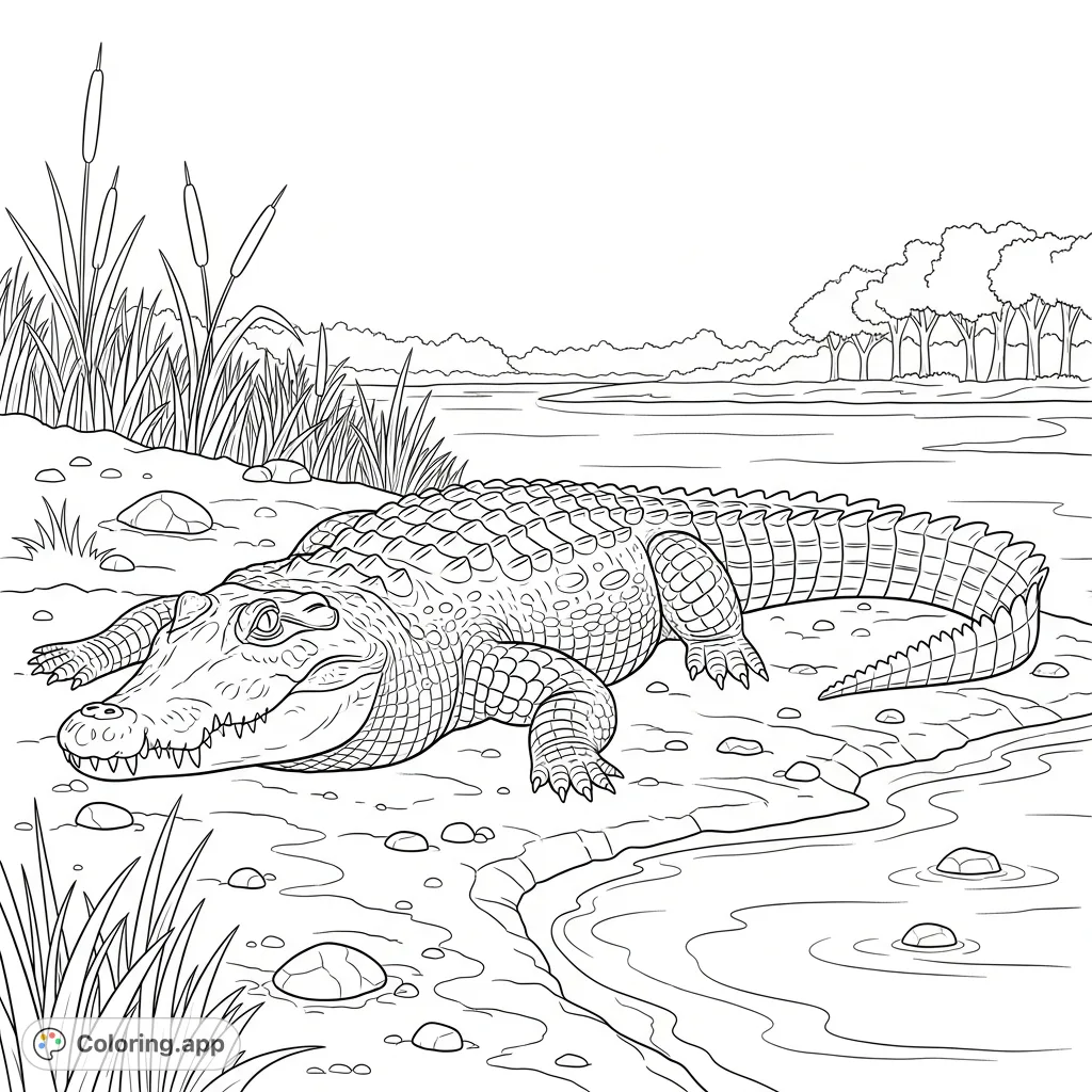 A detailed coloring page featuring a large, scaly crocodile peacefully resting on a muddy riverbank amidst reeds, with calm water and distant trees.