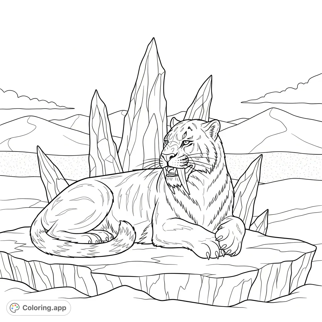 A majestic sabertooth cat rests serenely on an icy rock, its prominent fangs and thick fur detailed. Jagged ice shards rise behind it in a prehistoric winter landscape.