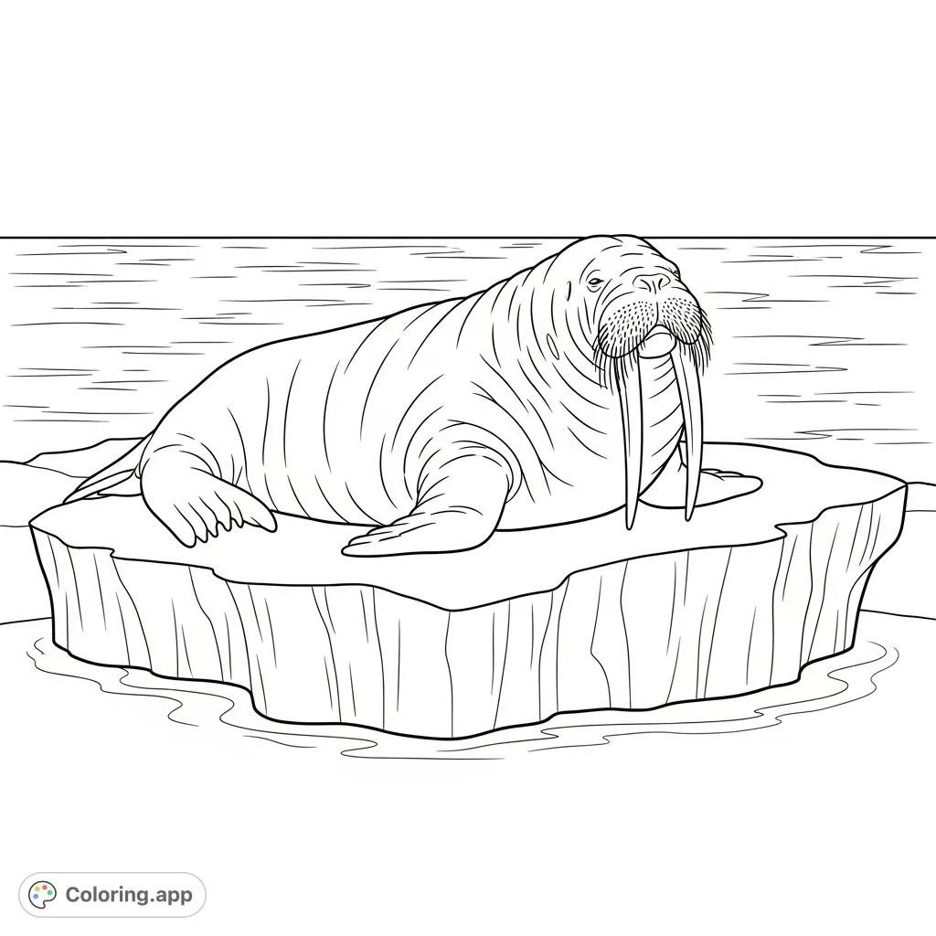 A majestic walrus rests peacefully on a large ice formation, its long tusks visible. Calm water stretches behind, depicting a serene arctic scene.