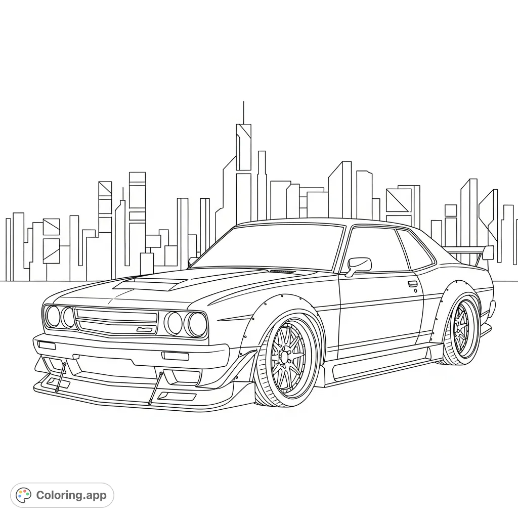Color a dynamic restomod tuner car with a retro body and modern aero kit against a minimal, abstract city skyline. A perfect blend of classic and contemporary.
