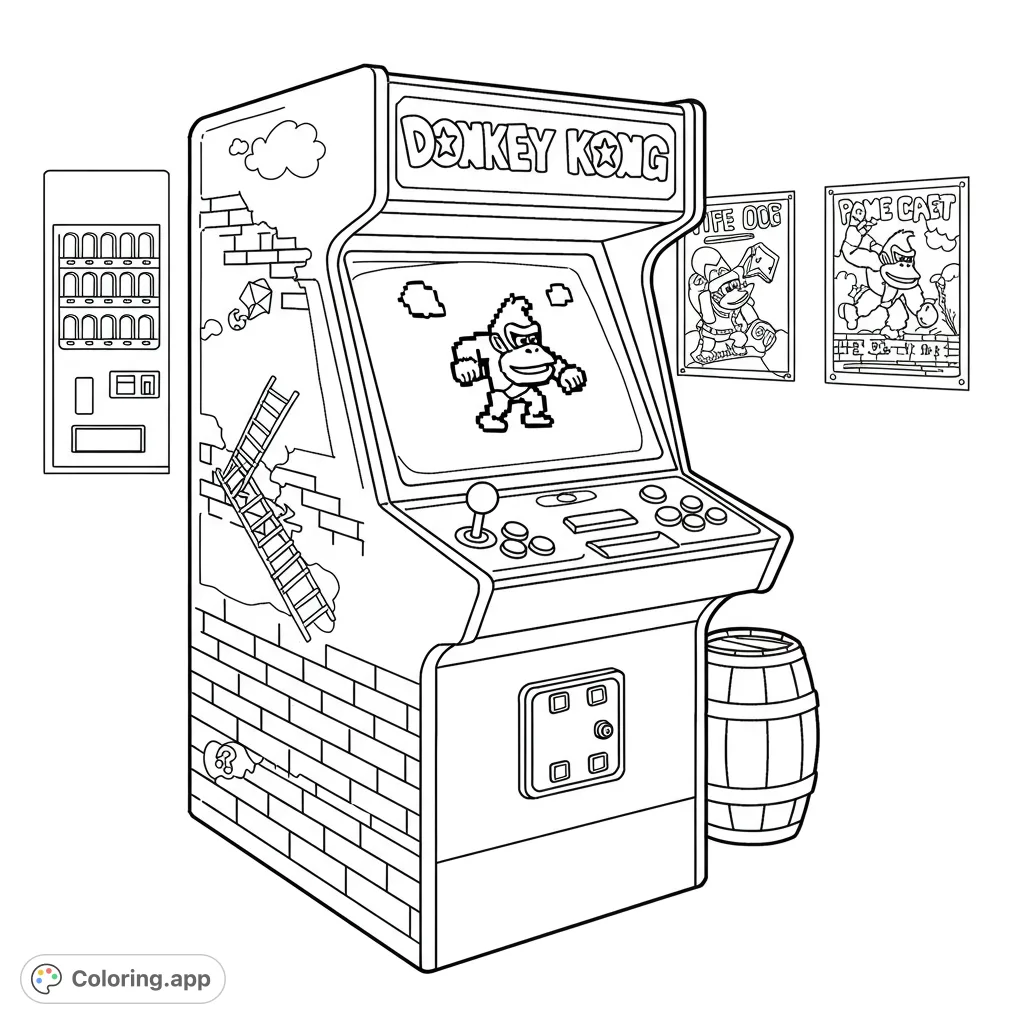 Step into a classic arcade with this detailed retro arcade cabinet coloring page, featuring a pixelated game screen and nostalgic elements.