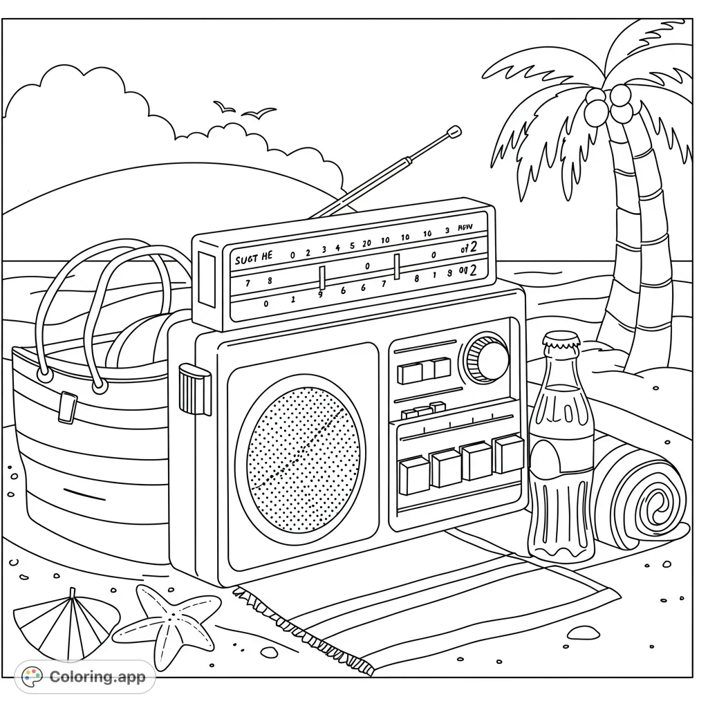Relaxing beach scene with a vintage radio, striped beach bag, and palm tree. Perfect for a summer escape, free printable coloring page fun!