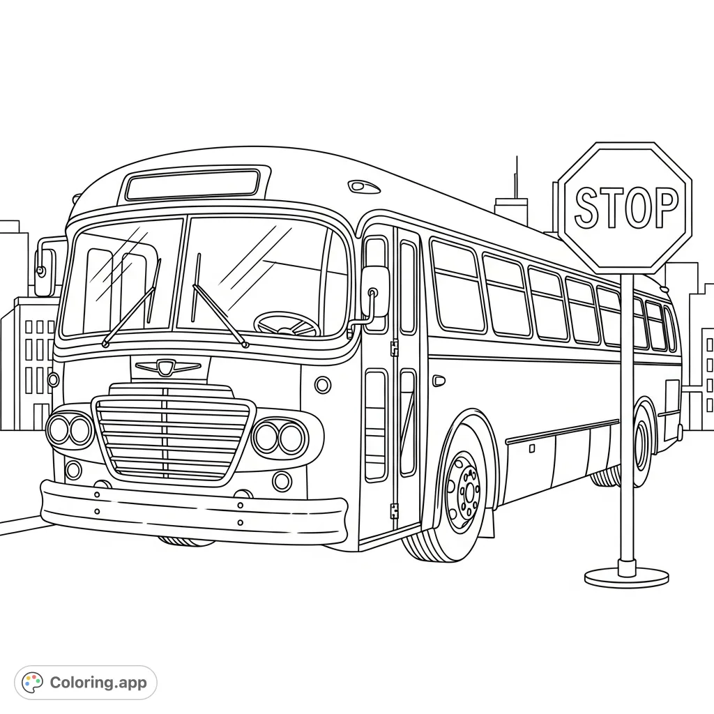 Color a charming retro city bus with a rounded roof and large windows, paused at a stop sign. A delightful urban scene for all ages to bring to life.
