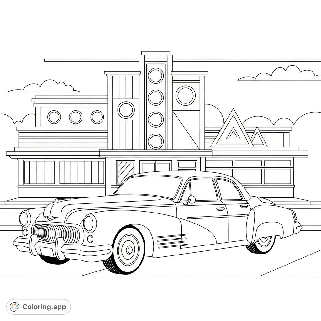 Immerse yourself in a nostalgic scene featuring a classic retro cruiser with sleek chrome details, parked perfectly before a diner made of bold geometric shapes.
