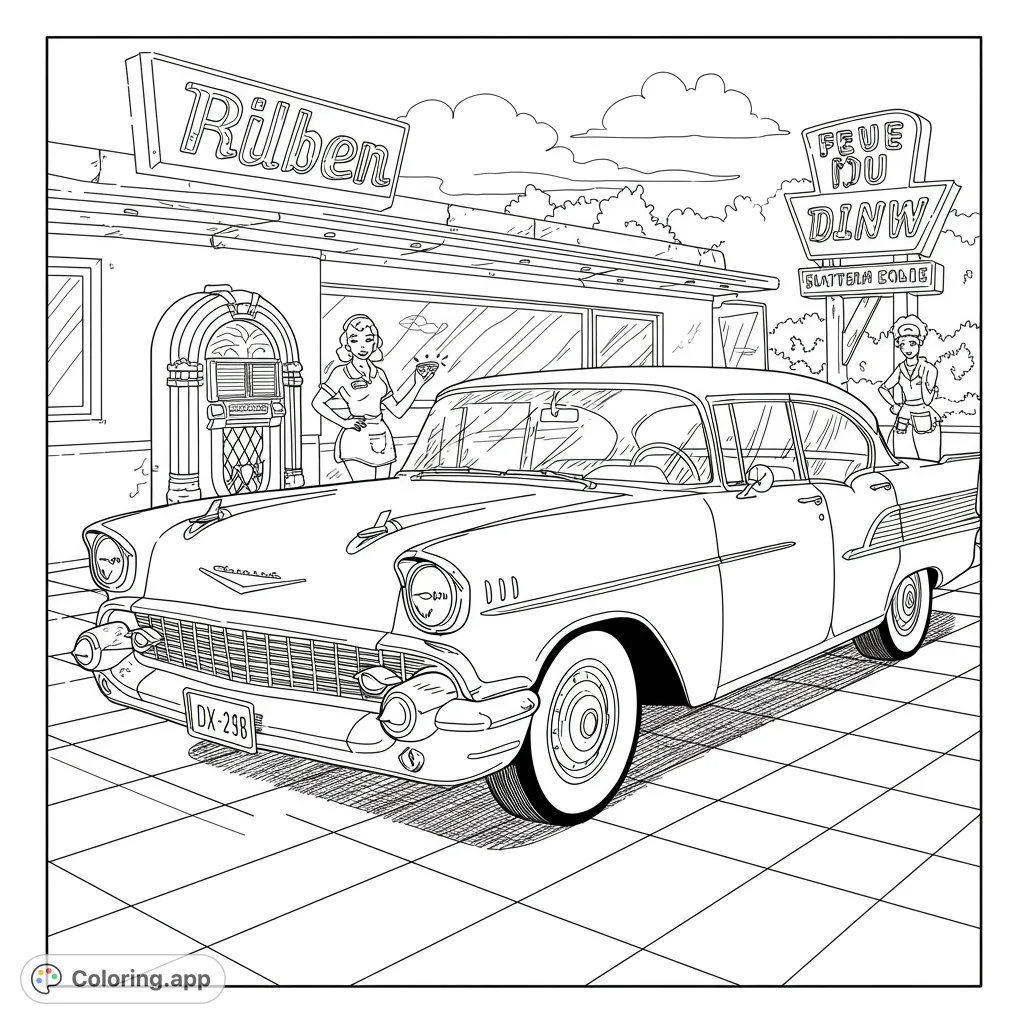 Step back in time with this retro 1950s diner scene featuring a classic car, waitresses, and a jukebox. Perfect for vintage enthusiasts.