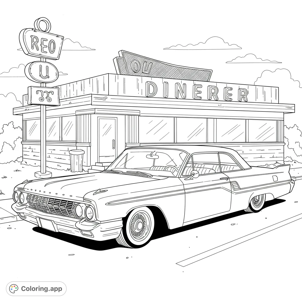 Color a cool vintage car parked outside a classic retro diner. A free printable retro diner coloring page for kids and adults, perfect for nostalgia!