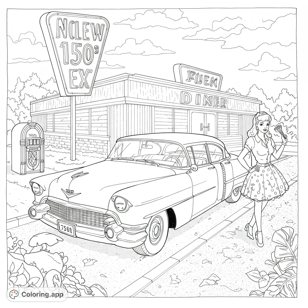 Step back in time with this 1950s diner coloring page featuring a classic car, a stylish woman, and a vintage jukebox. Free printable fun!