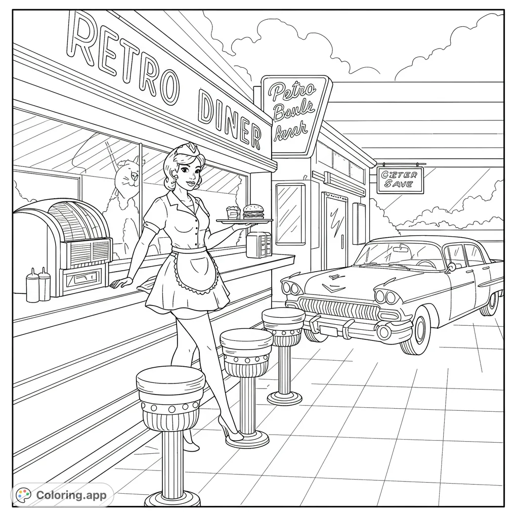 Step back in time with this retro diner coloring page featuring a smiling waitress, classic car, and vintage jukebox. A fun, free printable coloring page.