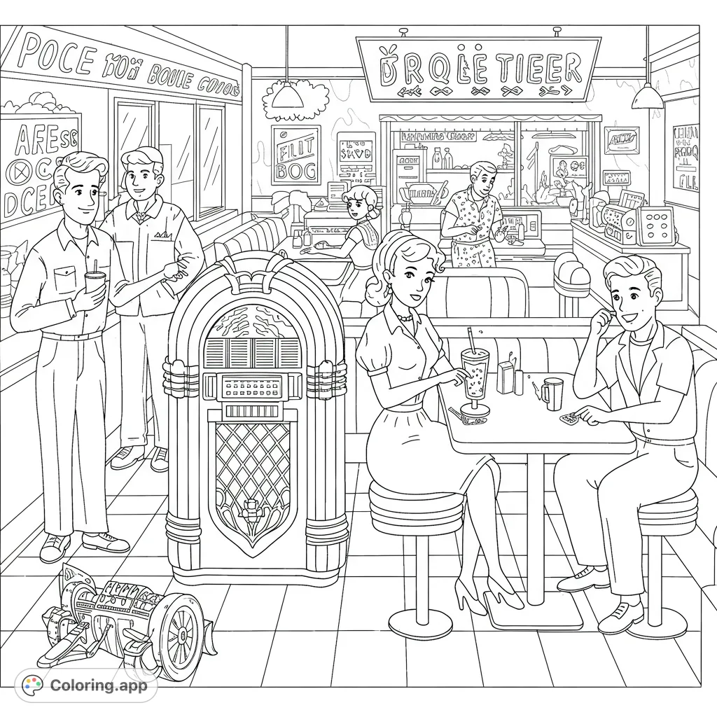 Step back in time to a lively 1950s diner with friends, jukebox tunes, and classic milkshakes. A fun retro coloring page for all ages.