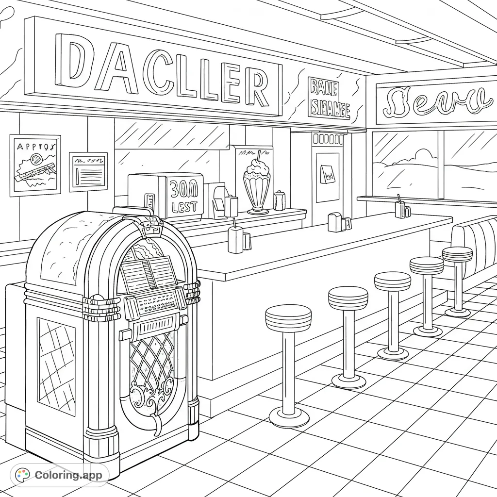 Step back in time with this retro diner coloring page featuring a classic jukebox, counter, and stools. A free printable coloring page for all ages.